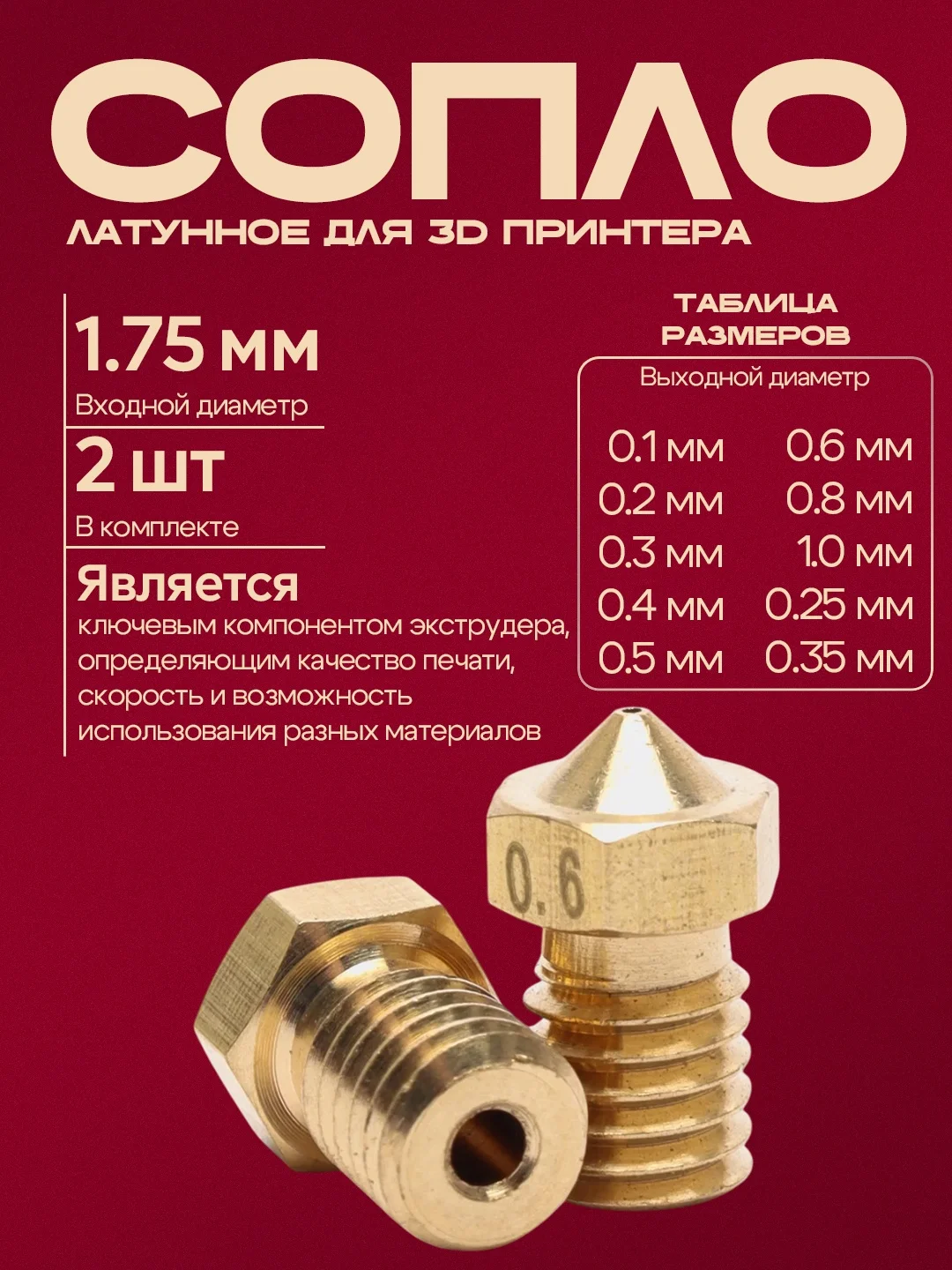 Сопло латунное для 3D принтера, 2 шт